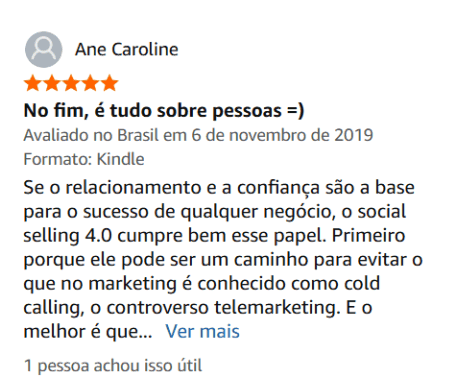 Depoimento de leitora do livro Social Selling nas avaliações da Amazon