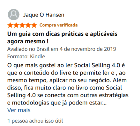 Depoimento de leitora do livro Social Selling nas avaliações da Amazon