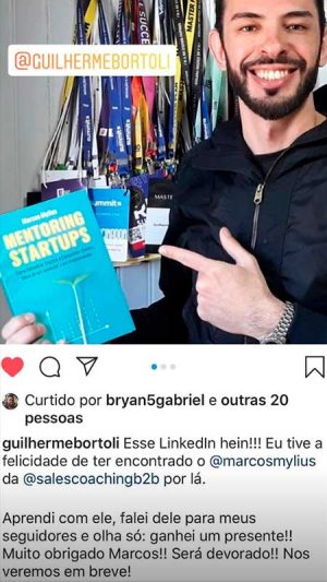 Registro de marcação do livro Mentoring Startups nos stories do Instagram do Marcos Mylius
