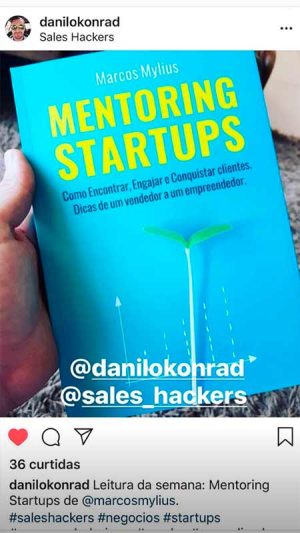Registro de marcação do livro Mentoring Startups nos stories do Instagram do Marcos Mylius