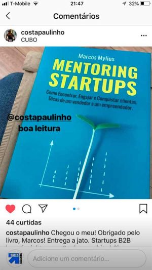 Registro de marcação do livro Mentoring Startups nos stories do Instagram do Marcos Mylius